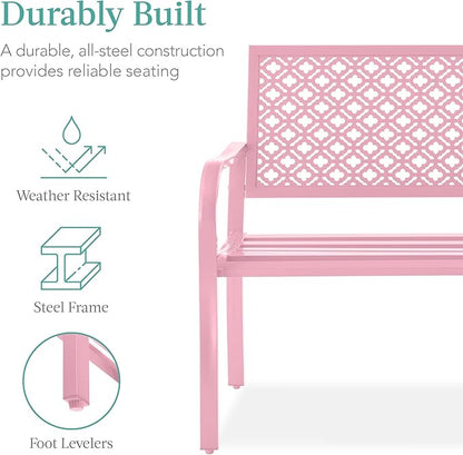 Best Choice Products Outdoor Bench 2-Person Metal Steel Benches Furniture for Garden, Patio, Porch, Entryway w/Geometric Backrest, 790lb Capacity - Pink