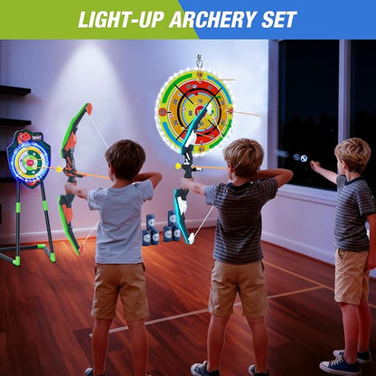 HYES 2 Pack Kids Bow and Arrow with 29" Large Dart Board, LED Light Up Archery Set with 24 Suction Cup Arrows, Indoor Outdoor Sport Toys Gifts for 3 4 5 6 7 8 9 10 11 12 Year Old Boys Girls