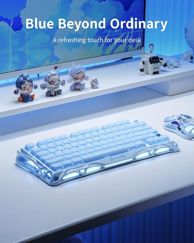 GravaStar Mercury K1 75% Wireless Mechanical Gaming Keyboard RGB Backlit | Gasket Mount, Hot Swappable Linear Switches, Creamy Sound Keyboard, 2.4GHz/USB-C/Bluetooth 5.0, for Win/Mac【Ice Blue】