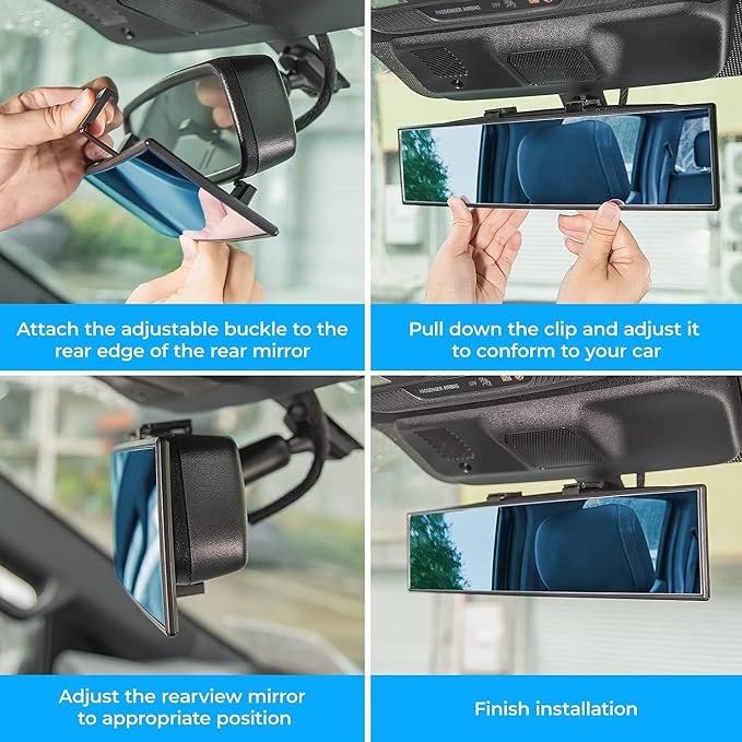 JOYTUTUS Rear View Mirror, Universal 12 Inch Panoramic Convex Rearview Interior Clip-on Wide Angle Mirror to Reduce Blind Spot Effectively for Car SUV Trucks - Blue