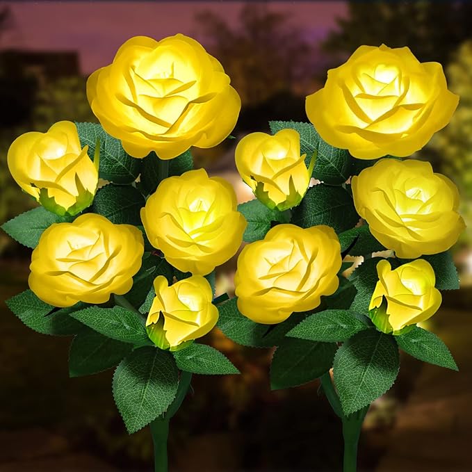Solar Flower Lights Outdoor - Upgraded New Material Two Modes Realistic LED Solar Powered Waterproof Lights with 5 Roses, Solar Decorative Stake Lights for Garden (Yellow, 2 Pack)