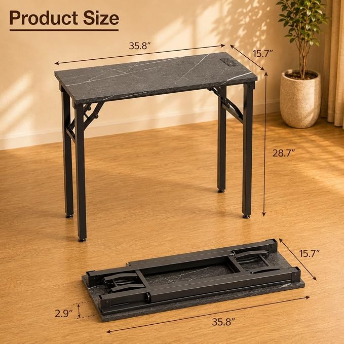 Folding Table Computer Desk - 35.8" No Assembly Folding Desk with Power Outlets & USB Charging Port, Small Desk, Foldable Office Desk, Compact Storage Portable Use for Small Space, Marble Greige