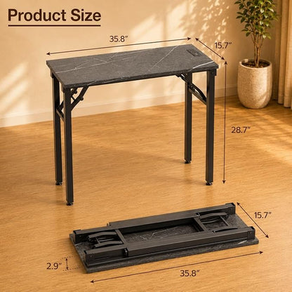 Folding Table Computer Desk - 35.8" No Assembly Folding Desk with Power Outlets & USB Charging Port, Small Desk, Foldable Office Desk, Compact Storage Portable Use for Small Space, Marble Greige