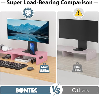 BONTEC Dual Monitor Stand Riser with Smartphone Holder, Adjustable Length & Swivel Angle, Ergonomic Wooden Desktop Organizer for PC Monitor, Laptop, Printer, Large Storage, 42.5 in, Pink