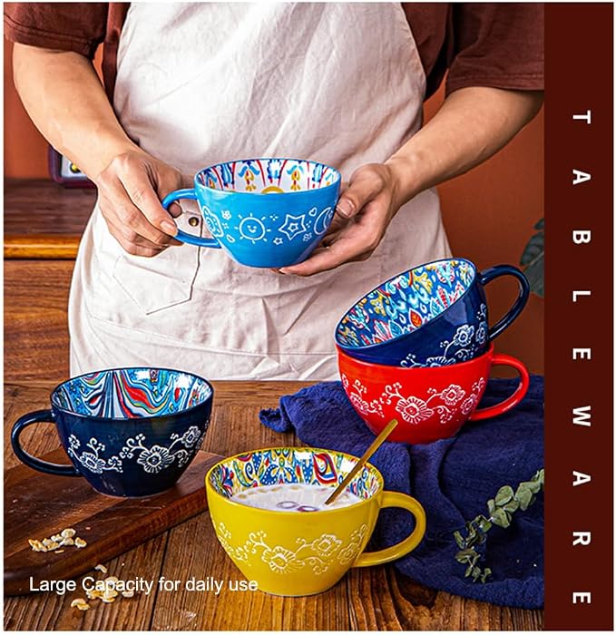 Bohemian Hand-Painted Ceramic Mug, 15 Oz Large Coffee Cup for Milk, Tea, and Breakfast, Dishwasher & Microwave Safe Artisan Cup, Baby Blue