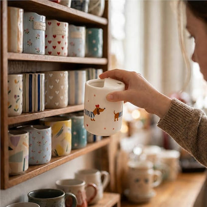 Ceramic Travel Coffee Mug 12 OZ, Cute Dachshund Pattern Coffee Cup, Handmade Style Ceramic Coffee Mug with Sip Hole for Women Men, Office Home Kitchen Gift