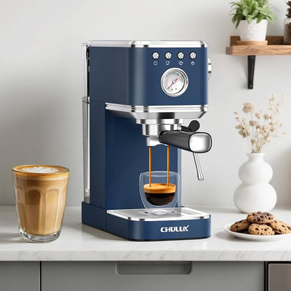 CHULUX Slim Espresso Machine with Milk Frother for Home Latte, Dark Blue | Precise Pressure Gauge, Food-Grade Materials, 20 Bar Italian Pump, Professional Temperature Control System, Stainless Steel
