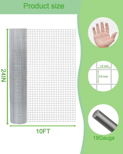 Hardware Cloth 24in x 10ft 1/2 Inch 19 Gauge, Hot-Dipped Galvanized Welded Wire Mesh, Low Carbon Steel, Animal Cage Wire Netting, Garden Wire Mesh