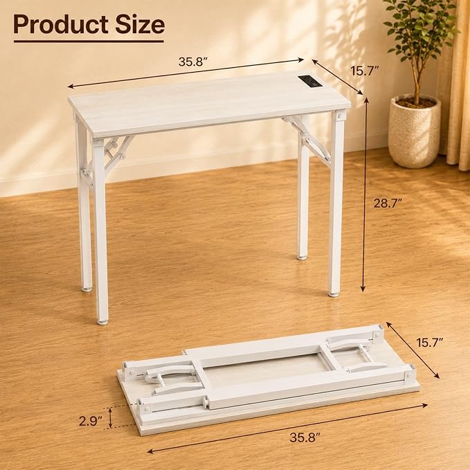 Folding Table Computer Desk - 35.8" No Assembly Folding Desk with Power Outlets & USB Charging Port, Small Desk, Foldable Office Desk, Compact Storage Portable Use for Small Space, White Ash