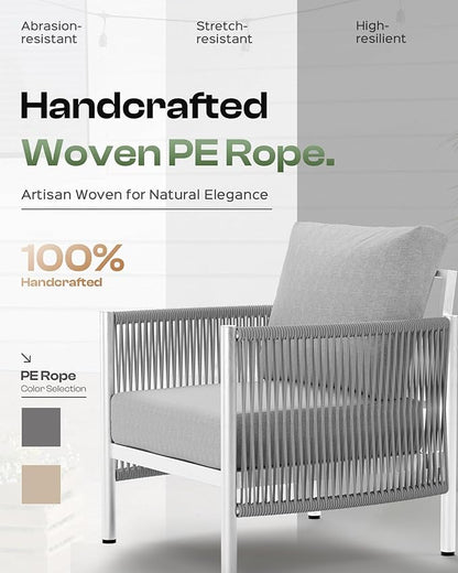 Aluminum Outdoor Sofa Armchair, HDPE Rope Patio Couch with Washable Thick Cushion, All-Weather Outdoor Patio Chairs Set of 2 for Balcony, Yard, Silver Frame, Silver