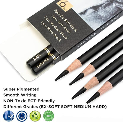 Brusarth Professional Charcoal Pencils Drawing Set - 6 Pieces Soft Medium and Hard Charcoal Pencils for Drawing, Sketching, Shading