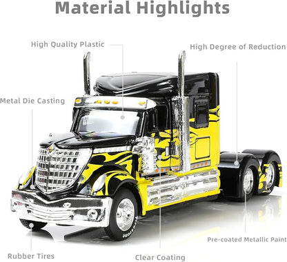 1/64 Scale International Lonestar Heavy Truck Model Semi Trailer Head Toy Alloy Metal Diecast Tow Traktor Toy Gift Classic Auto Model Collection for Kid Boy Men Adult (Yellow)