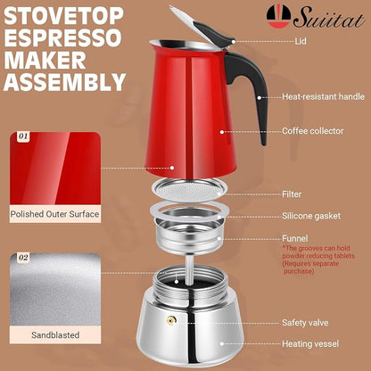 4 Cup Stainless Steel Moka Pot, 200ml Stovetop Espresso Maker, Red | 304 Stainless Steel Mocha Pot, Induction Compatible, Greca de Cafe, Cuban and Italian Coffee Maker