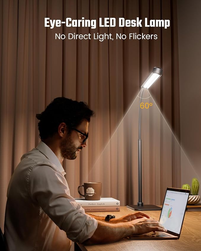 SUPERDANNY Eye-Caring LED Desk Lamp with Base 360° Flexible Gooseneck Work Lamp Touch Control 3 Light Colors Smooth Dimming Task Lighting Reading Light for Home Office College Dorm, Black