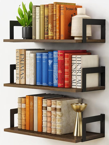 Harwaya Floating Book Shelves for Wall Set of 3, 17 x 8 Inch Deep Wooden Wall Bookshelf for Bedroom Office, Rustic Wood Hanging Wall Shelves for Living Room Kitchen (Dark Brown)
