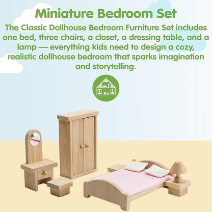 PlanToys® Classic Dollhouse Bedroom Furniture Set | Eco-Friendly Wooden Dollhouse Accessories for Kids | Includes Bed, Closet, Vanity, Chairs & Lamp | Pretend Play Montessori Toy