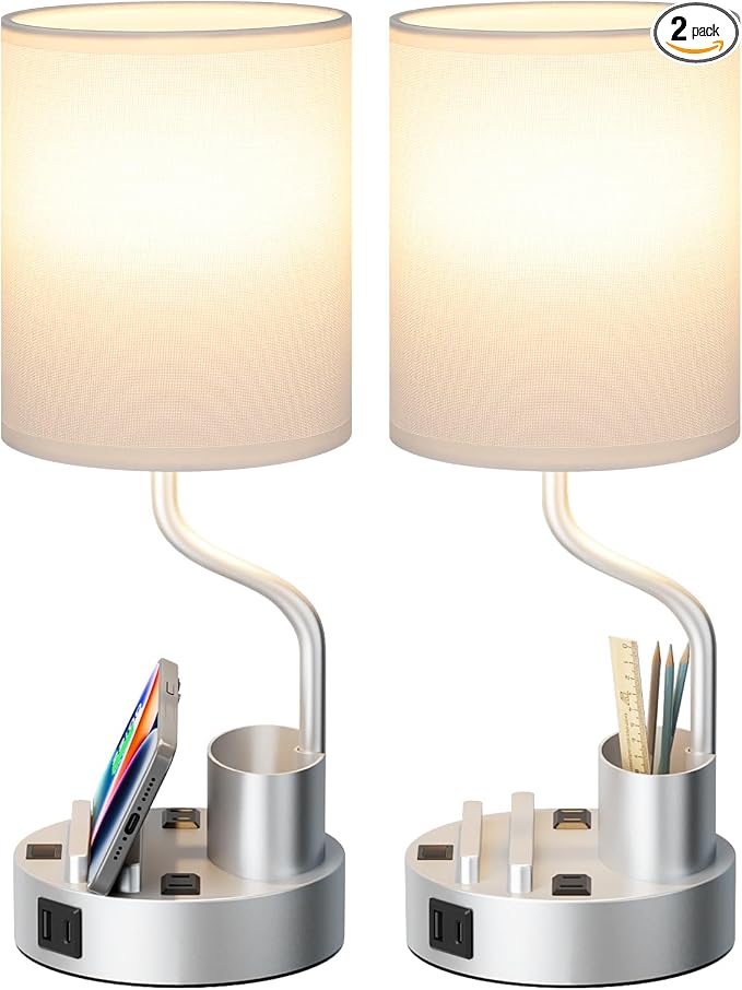 Fenmzee Bedside Lamps for Bedroom Set of 2 - Table Desk Lamp for Nightstand | 15" Table Lamp for Living Room with Pen Holder & Phone Stand, USB A+C Port, AC Outlet, 3 Color Temperature, LED Bulb Included
