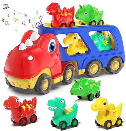 Veslier Toddler Car Toy for 2 3 4 5 Years Old, Dinosaur Transport Carrier Truck with 4 Pack Small Pull Back Dino Car, Friction Power Vehicle Christmas Birthday Gift for 18M+ Kids Boys Girls