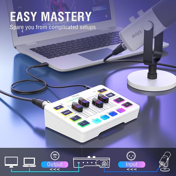 FIFINE Audio Mixer, Gaming Streaming PC Mixer with Slider Fader, XLR Microphone Interface, Monitoring, for Video/Game Voice/Podcast Recording-AmpliGame SC3W | USB PnP For PC,Mute Button,XLR Preamp,RGB,Voice change,48V Phantom Power,Monitoring,Podcast,R...
