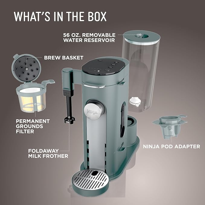 Ninja Pods & Grounds Coffee Maker, K-Cup Compatible, Sage Green, PB051SG | Built-In Milk Frother, 6-oz. Cup to 24-oz. Travel Mug Sizes, Iced Coffee Maker, 1550 watts