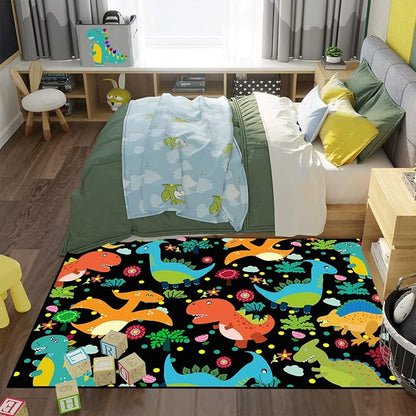 Dino Rugs for Boys Room Kids Play Rug Dinosaur Play Rug Dinosaur Carpet Dinosaur Rug Dinosaur Cartoon Carpet for Boys and Girls Bedroom Classroom,Black 4'×5'