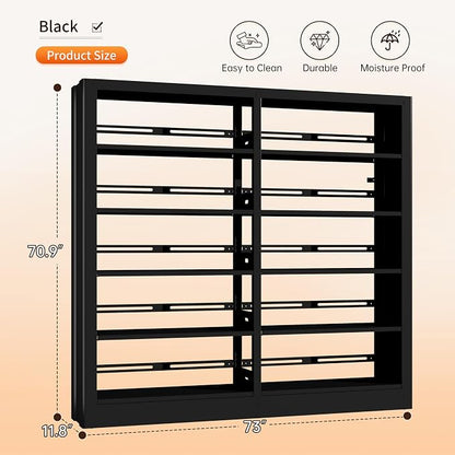 5-Tier Bookcase with Adjustable Storage Shelves, Metal Bookshelf with Book Stopper, Bookcase Shelf for Library, Office, Living Room (Black-2)