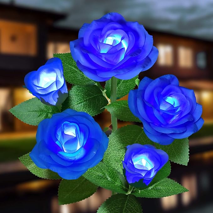 Solar Flower Lights Outdoor - Upgraded New Material Two Modes Realistic LED Solar Powered Waterproof Lights with 5 Roses, Solar Decorative Stake Lights for Garden (Blue, 1 Pack)