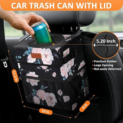 Vankor 3 Gallons Car Trash Can with Lid, Car Bag Bin Hanging Waterproof Automotive Garbage Cans Leak Proof Vehicle Trash Can Black Floral