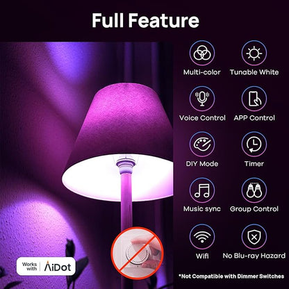 Linkind Matter Smart Light Bulb, WiFi Smart Bulbs, Work with Apple Home, Siri, Alexa, Google, SmartThings, AiDot, RGBTW Color Changing Bulbs Mood Lighting, Music Sync, A19 E26 60W, 2.4Ghz WiFi 6 Pack
