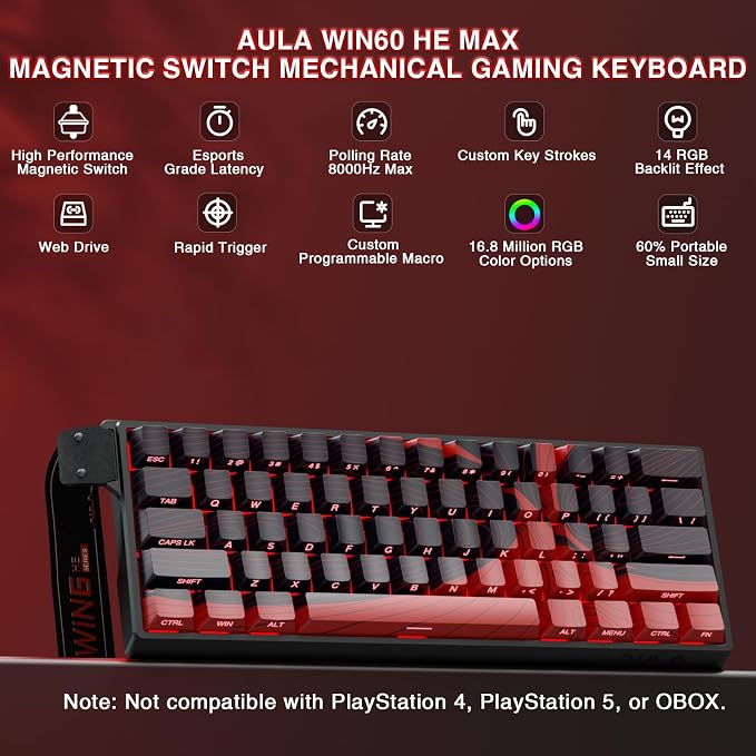 AULA WIN60 HE MAX - 60% Mechanical Gaming Keyboard Wired, Hall Effect Magnetic Switches Hot Swappable, Adjustable Actuation Rapid Trigger Mode, 8000 Hz Polling Rate, 60 Percent Keyboard Compact Design