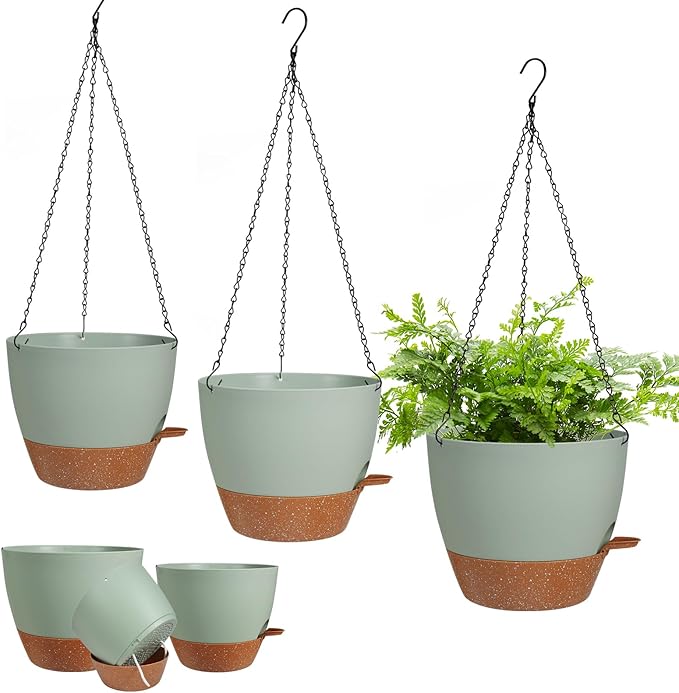 3 Pack Hanging Planter Indoor Outdoor Flower Pots 7/6.5/5 Inch, Self-Watering Hanging Pot with Drainage Holes Hanging Baskets Holder Plant Pots for Garden (Green)