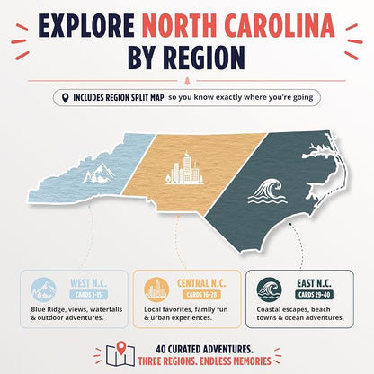 North Carolina Bucket List Scratch Off Cards - 40 Adventure Cards with Region Split Map, Hidden Gems, Scenic Escapes & Local Favorites - Travel Gift for Couples, Families, Friends & Tourists