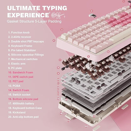 YUNZII B75 PRO 75% Wireless Mechanical Keyboard (Pink, Cocoa Cream V2) | Hot Swap Keyboard with Knob, Gasket Mount, Creamy Pre-lubed Switch for Smooth Typing, BT/USB-C/2.4G, for Gaming
