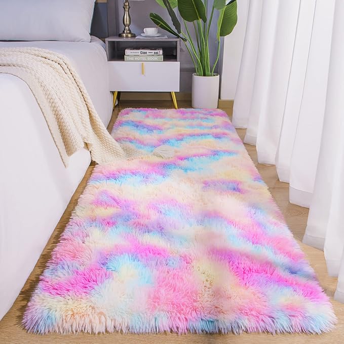 AROGAN Soft Rainbow Area Rugs for Girls Room 2x6 Feet, Fluffy Girls Bedroom Rugs, Princess Rug, Cute Colorful Carpet for Kids Teens Nursery Toddler, Pink