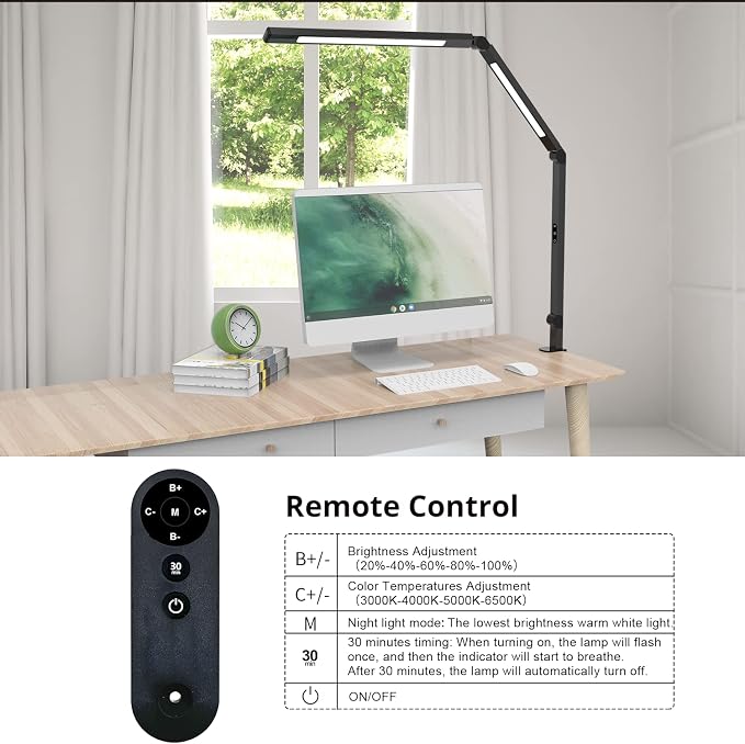 LED Desk Lamp with Clamp, Architect Desk Lamp for Home Office with Remote Control, Swing Arm Clamp on Computer Light, Clip-on Eye-Care Adjustable 5 Brightness Levels Table Light for Working Drafting