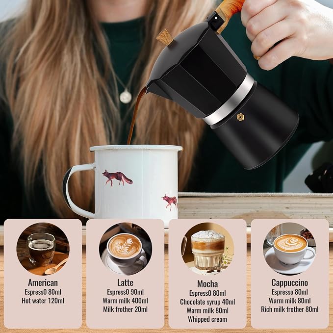 6 Cup Aluminum Moka Pot Classic Stovetop Espresso Coffee Maker 300ml 10oz Coffeemaker Percolator Mocha Pot Greca Coffee Maker Cafe Makers for Italian and Cuban Café Brewing Black
