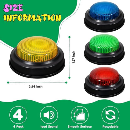 Set of 4 Trivia Game Buzzers with Lights & Sound, Family Feud & Jeopardy Quiz Buttons for Classroom, Party Games, Red/Blue/Yellow/Green