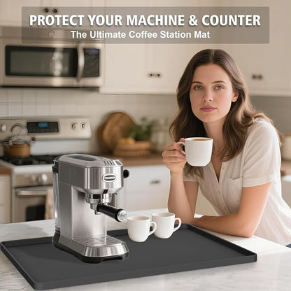 Silicone Coffee Mat 24"x16", Single Piece Anti-Vibration Under Coffee Maker Mat, Non-Slip Espresso Machine Mat with 10mm Raised Edge, Noise Reduction Countertop Protector, Fits Breville Ninja Keurig