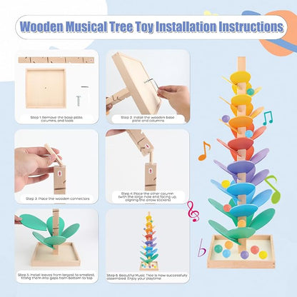 Wooden Marble Run Music Tree Marble Run Learning Game Montessori Wooden Color Sorting Toy Birthday Gift for Boys and Girls Ages 3-8