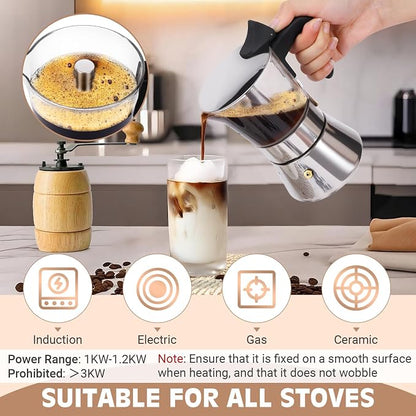 4 Cup 200ml Glass Moka Pot, Stovetop Espresso Maker, Silver | Crystal Glass-top & Stainless Steel Coffee Maker, Induction Compatible, for Greca de Cafe, Cuban and Italian Coffee Brewing