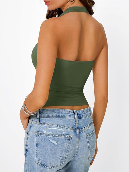 Trendy Queen Halter Tops for Women Going Out Summer Top | Cowl Neck Shirts, Sexy Backless, Fashion Y2K Clothes, Perfect for Party, Club, Vacation, Pair with High-waisted Bottoms