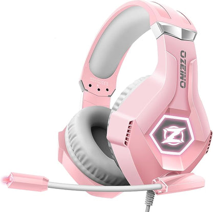 Ozeino Gaming Headset for PC, Ps4, Ps5, Xbox Headset with 7.1 Surround Sound, Gaming Headphones with Noise Cancelling Mic RGB Light Over Ear Headphones for Xbox Series X/S, Switch-Pink