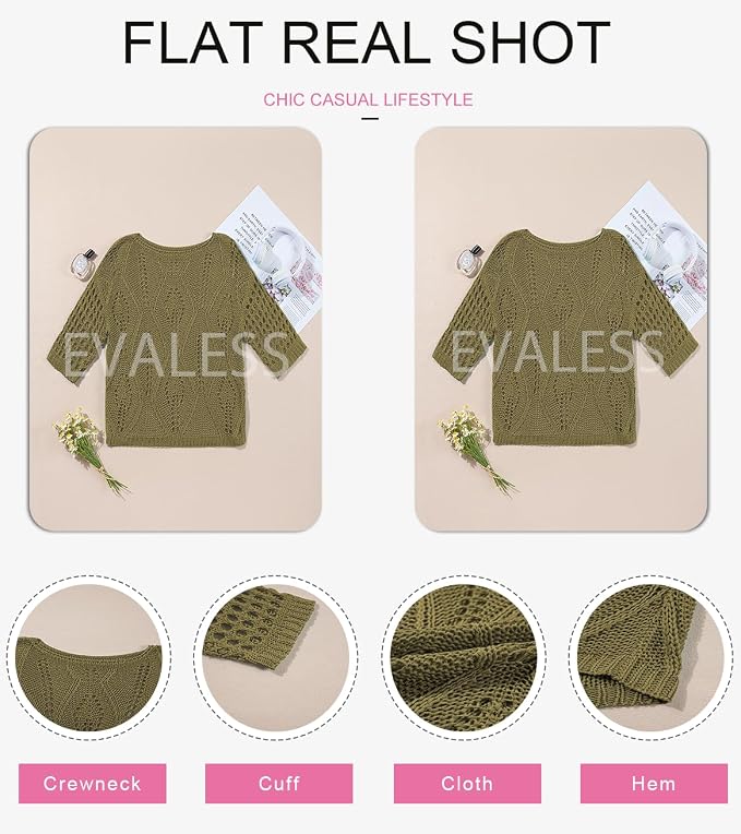 EVALESS Womens Crochet Hollow Out Knit Tops Half Sleeve Spring Summer Sweaters Beach Cover Ups for Women Trendy 2026