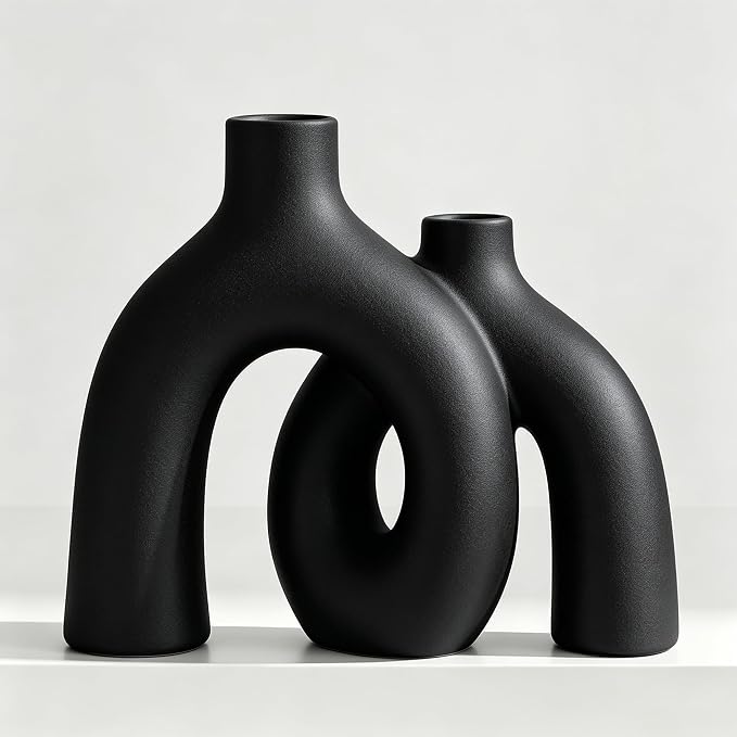 Matte Black Vase Set - Hug Hollow Donut Aesthetic Ceramic Vases Home Decor, Modern Nordic Minimalist Decorative Vase for Table Centerpiece Bookshelf Office Entryway Console Fireplace (Black)