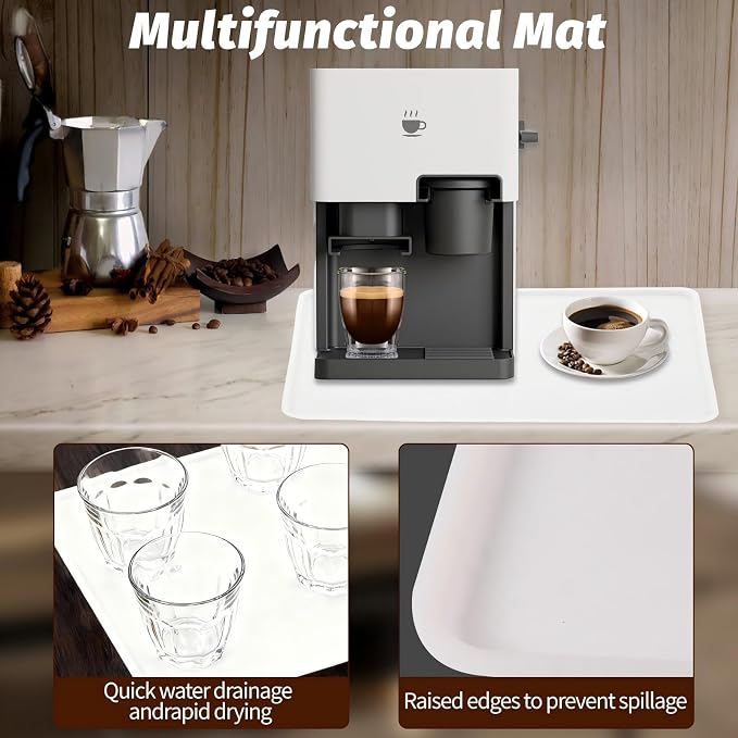 Coffee Mat, 19.7"x15" Coffee Mat, Espresso Maker and Kitchen Counter, Bar Accessories for Countertop, Dish Drying Mat, Anti-Slip, Anti-Vibration Pad for Espresso Machine, White