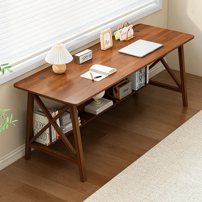 NELYE Extra Long Writing Desk with Bookshelf, 63" Wx24 Dx30 H, Walnut | Wooden Home Office Work Study Table, Computer Gaming Workstation with Storage Shelf, Sturdy MDF Resists Wobble