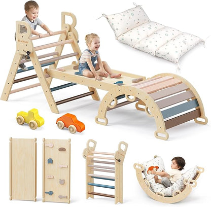 BlueWood Pikler Triangle Set with Cushion - Climbing Toys for Toddlers 9-in-1, Montessori Philosophy Play Jungle Gym with Arch, Ramp, Ladder (Pink)