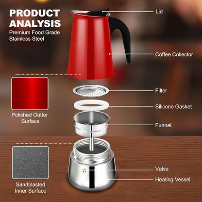 12 Cup Stovetop Espresso Maker Stainless Steel Moka Pot Stove Top Percolator Italian Coffee Makers Capable Mocha Greca Machine Cafe Classic Induction Cookers for Home and Camping 600ml 20oz