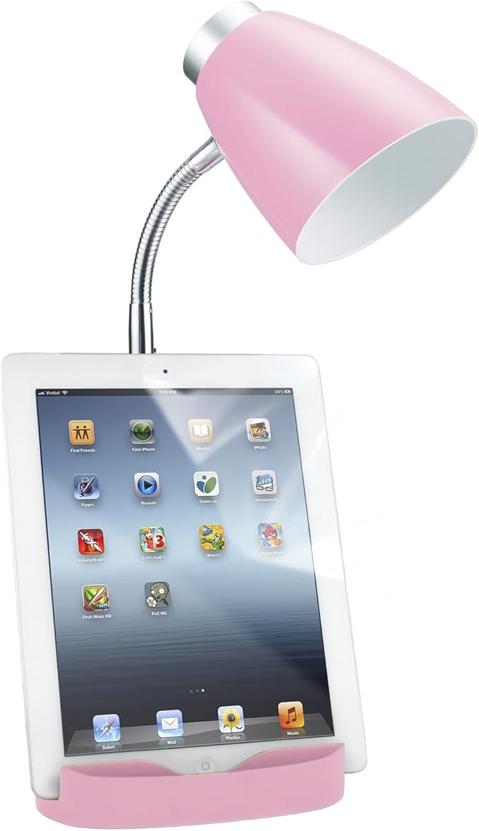Simple Designs LD1002-PNK Gooseneck Organizer Desk Lamp with iPad Tablet Stand Book Holder, Pink