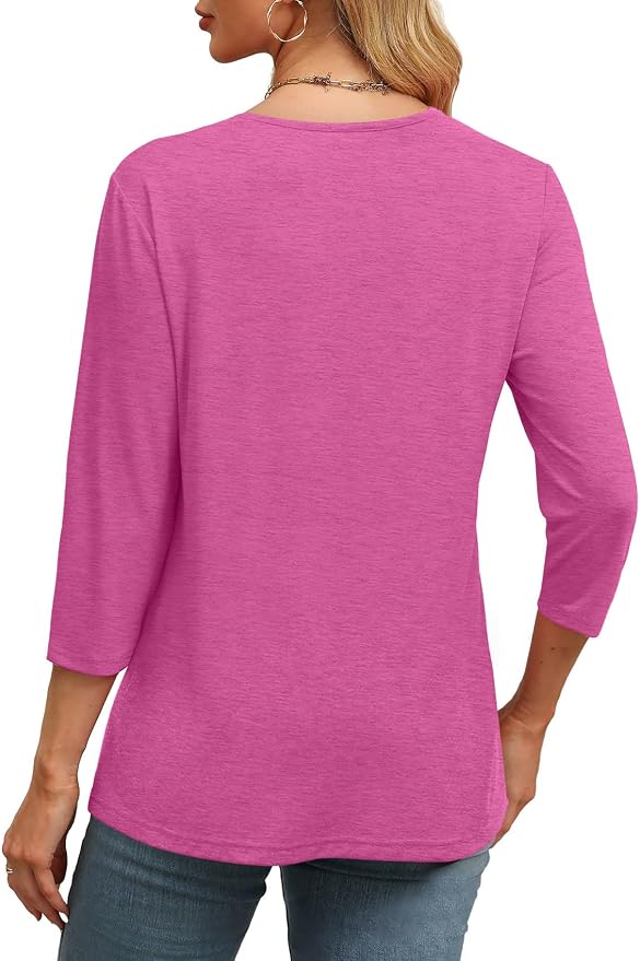 WIHOLL Womens Tops 3/4 Length Sleeve V Neck Casual Tunic Tops Basic Shirts Loose Fit Blouse